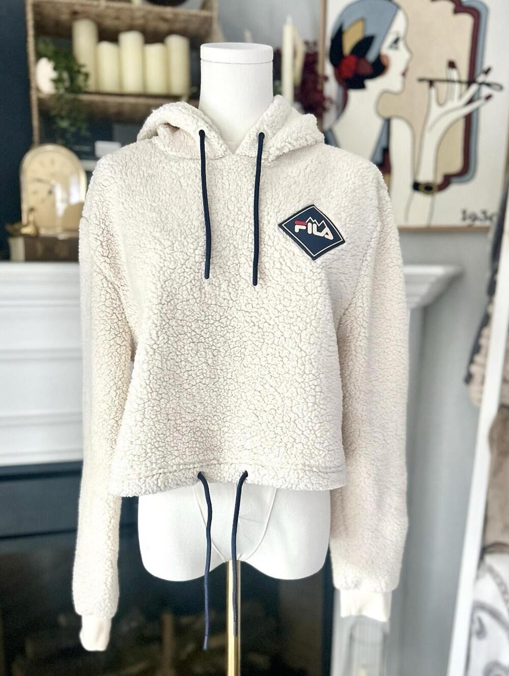FILA Cropped Sherpa Hoodie, Women’s Size Medium Beige Color W/Logo